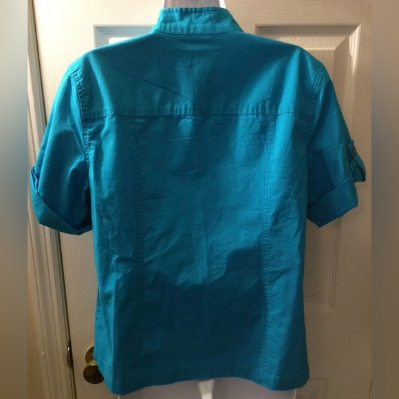 CHICO’S Regatta Cotton Seaway Aquarius Jack Coat Short Sleeve Turquoise Blue - Picture 6 of 8